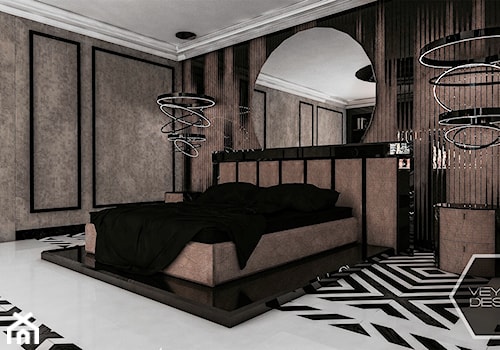 GEOMETRIC ELEGANCE - Duża brązowa z panelami tapicerowanymi sypialnia, styl glamour - zdjęcie od VEYAZDESIGN