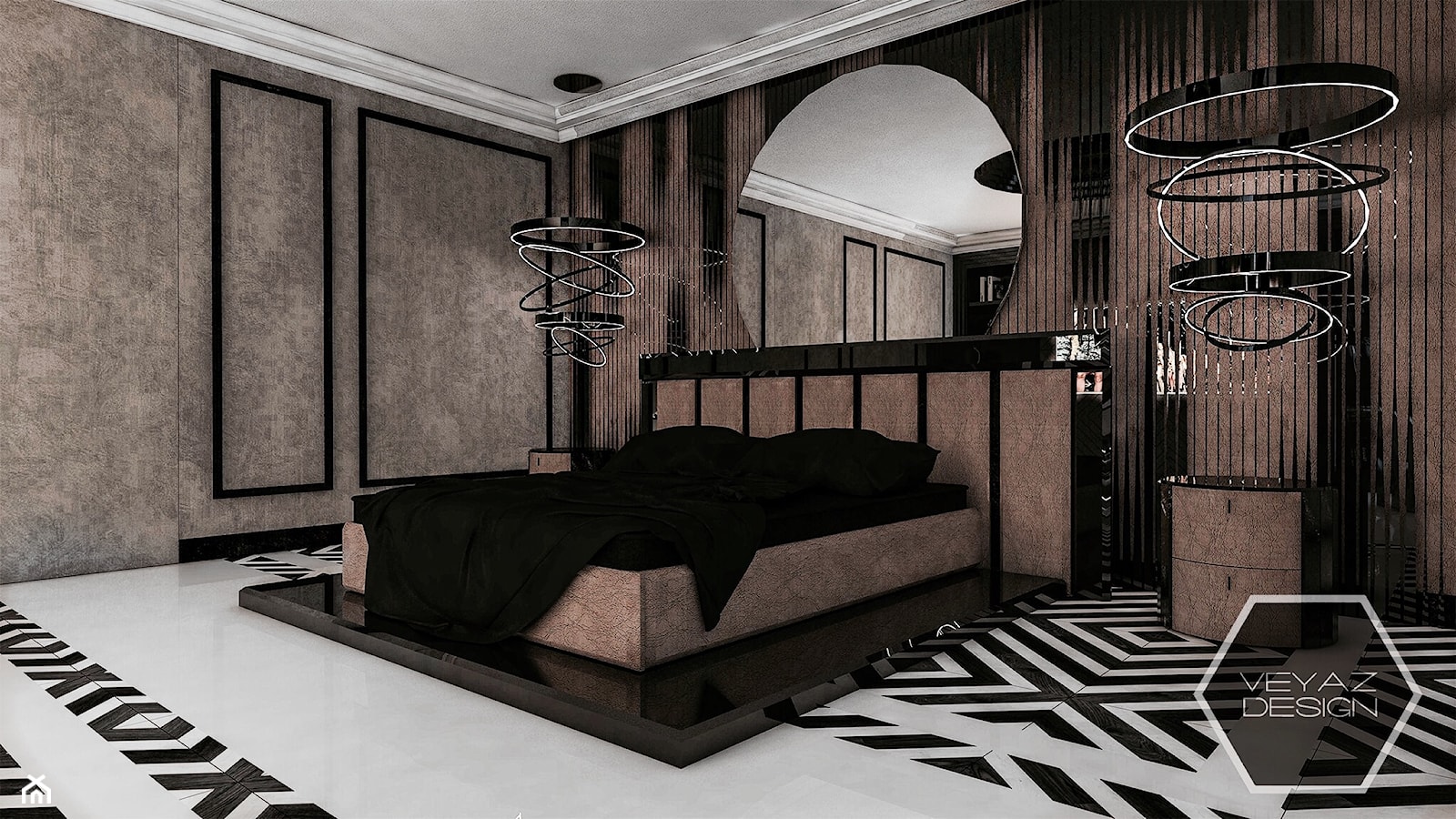 GEOMETRIC ELEGANCE - Duża brązowa z panelami tapicerowanymi sypialnia, styl glamour - zdjęcie od VEYAZDESIGN - Homebook