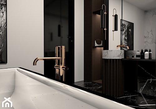 WOOD SYMPHONY - Średnia na poddaszu bez okna z dwoma umywalkami z marmurową podłogą łazienka, styl nowoczesny - zdjęcie od VEYAZDESIGN