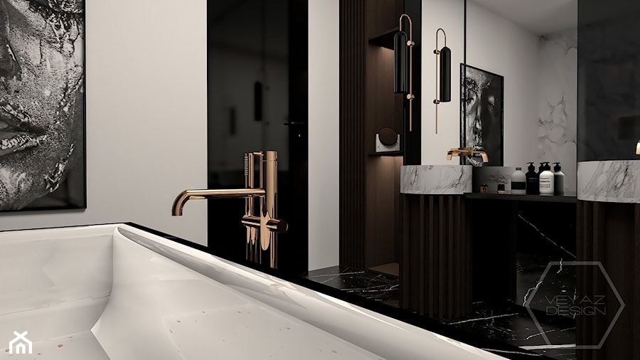 WOOD SYMPHONY - Średnia na poddaszu bez okna z dwoma umywalkami z marmurową podłogą łazienka, styl nowoczesny - zdjęcie od VEYAZDESIGN
