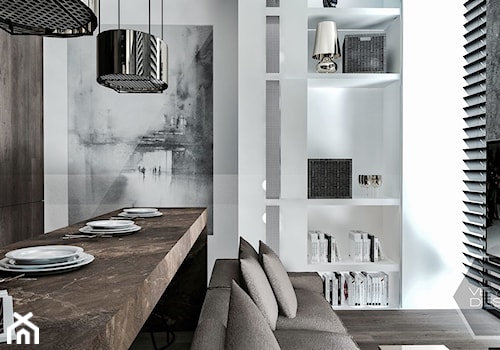 WOOD TOUCH - Mały biały salon z jadalnią, styl nowoczesny - zdjęcie od VEYAZDESIGN