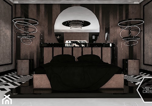 GEOMETRIC ELEGANCE - Średnia brązowa czarna z panelami tapicerowanymi sypialnia, styl glamour - zdjęcie od VEYAZDESIGN