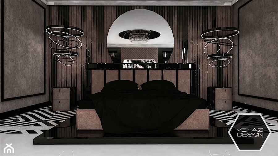 GEOMETRIC ELEGANCE - Średnia brązowa czarna z panelami tapicerowanymi sypialnia, styl glamour - zdjęcie od VEYAZDESIGN