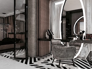 GEOMETRIC ELEGANCE - Duża brązowa czarna z panelami tapicerowanymi sypialnia, styl glamour - zdjęcie od VEYAZDESIGN