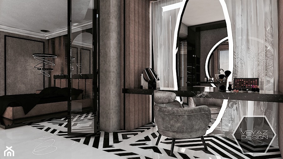 GEOMETRIC ELEGANCE - Duża brązowa czarna z panelami tapicerowanymi sypialnia, styl glamour - zdjęcie od VEYAZDESIGN