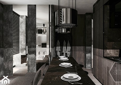 WOOD TOUCH - Duża otwarta z salonem z kamiennym blatem z zabudowaną lodówką kuchnia z wyspą lub półwyspem z marmurem nad blatem kuchennym, styl nowoczesny - zdjęcie od VEYAZDESIGN