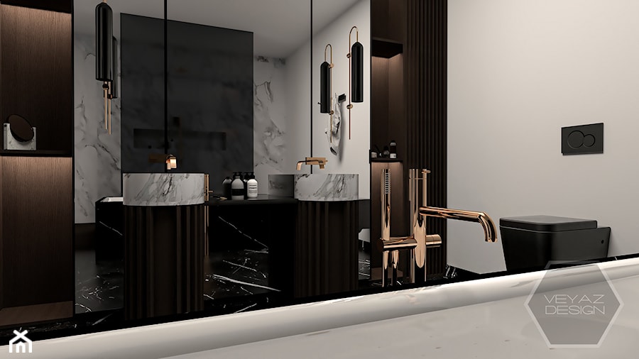 WOOD SYMPHONY - Średnia na poddaszu bez okna z dwoma umywalkami łazienka, styl nowoczesny - zdjęcie od VEYAZDESIGN
