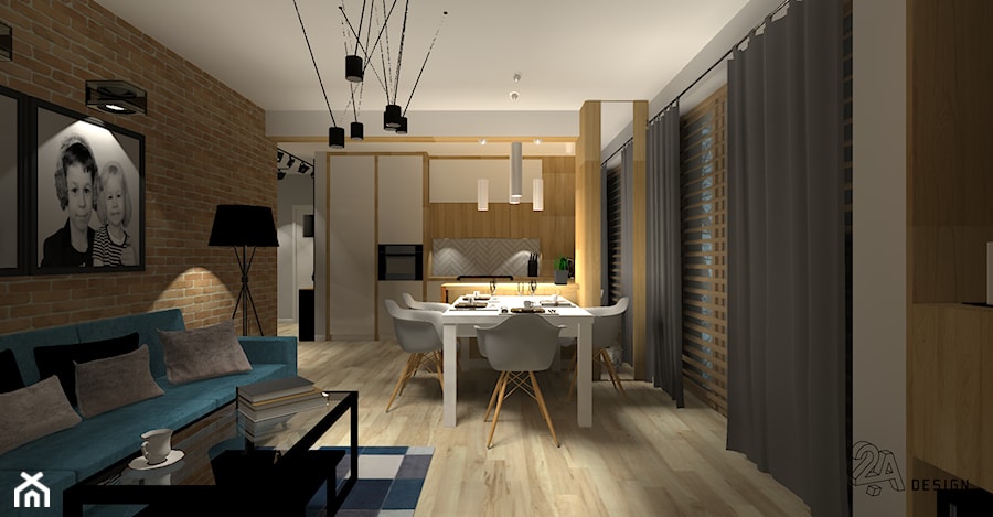 Skandynawskie Klimaty - Mały brązowy salon z kuchnią z jadalnią, styl skandynawski - zdjęcie od 2A DESIGN