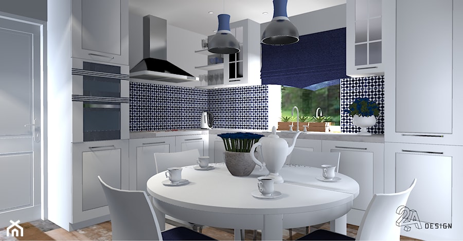 Kuchnia W Granatach - Średnia zamknięta z kamiennym blatem niebieska szara z zabudowaną lodówką kuchnia w kształcie litery l z oknem, styl tradycyjny - zdjęcie od 2A DESIGN