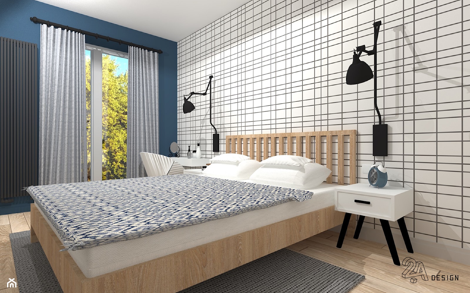 Na Niebiesko - Średnia niebieska sypialnia z balkonem / tarasem, styl nowoczesny - zdjęcie od 2A DESIGN - Homebook