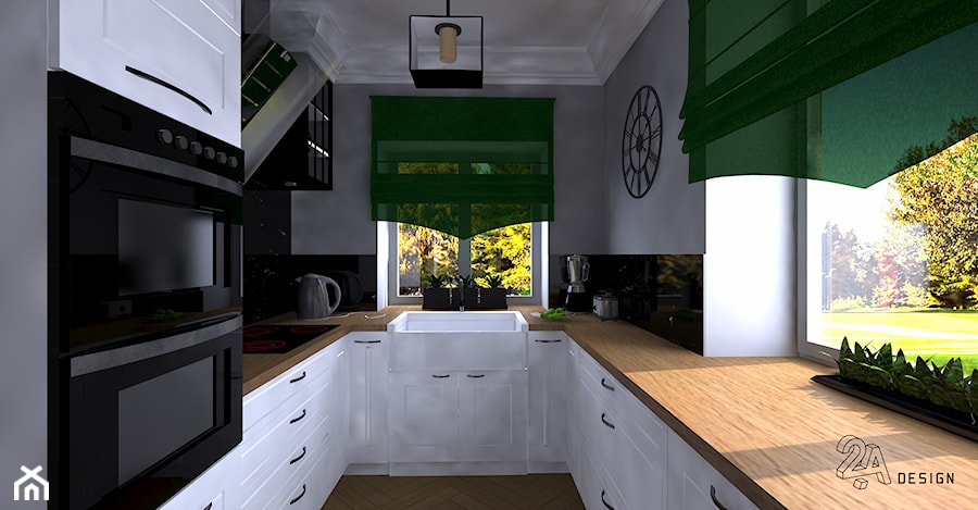 Domowe Zacisze - Średnia z salonem szara z zabudowaną lodówką z podblatowym zlewozmywakiem kuchnia w kształcie litery u z oknem, styl tradycyjny - zdjęcie od 2A DESIGN