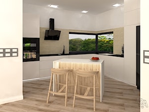 Beton i Drewno - Średnia otwarta z kamiennym blatem szara z zabudowaną lodówką z nablatowym zlewozmywakiem kuchnia w kształcie litery l z wyspą lub półwyspem z oknem, styl nowoczesny - zdjęcie od 2A DESIGN