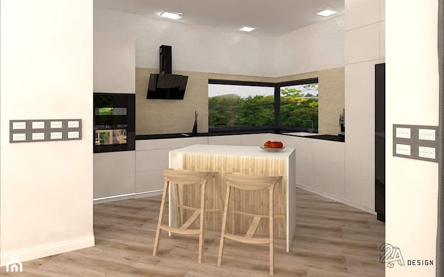 Beton i Drewno - Średnia otwarta z kamiennym blatem szara z zabudowaną lodówką z nablatowym zlewozmywakiem kuchnia w kształcie litery l z wyspą lub półwyspem z oknem, styl nowoczesny - zdjęcie od 2A DESIGN