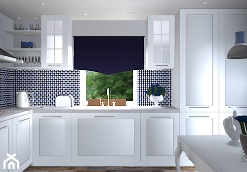 Kuchnia W Granatach - Średnia zamknięta z salonem biała szara z zabudowaną lodówką z nablatowym zlewozmywakiem kuchnia w kształcie litery l z oknem, styl tradycyjny - zdjęcie od 2A DESIGN