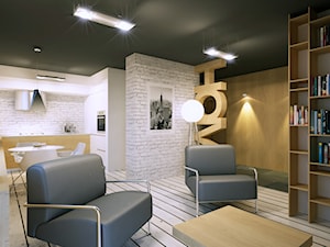 Wnętrza mieszkania w Tychach. - Mały biały salon z kuchnią z jadalnią z bibiloteczką - zdjęcie od PSC Architektura