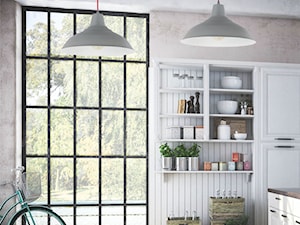 Stylowo i funkcjonalnie - Średnia otwarta z kamiennym blatem beżowa biała kuchnia jednorzędowa z oknem, styl skandynawski - zdjęcie od Nowodvorski Lighting