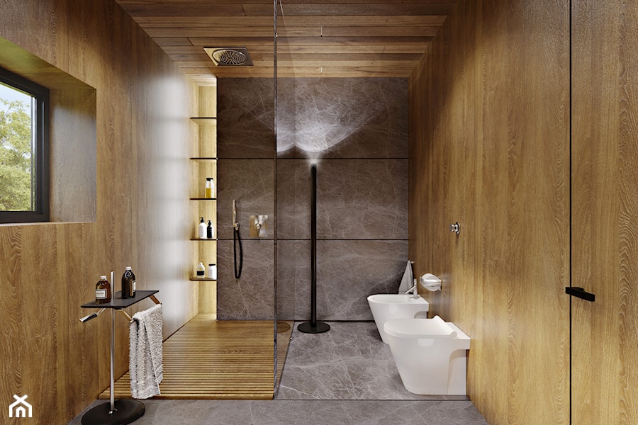 Dom dębem otulony - Średnia z marmurową podłogą łazienka z oknem, styl nowoczesny - zdjęcie od KANDO ARCHITECTS