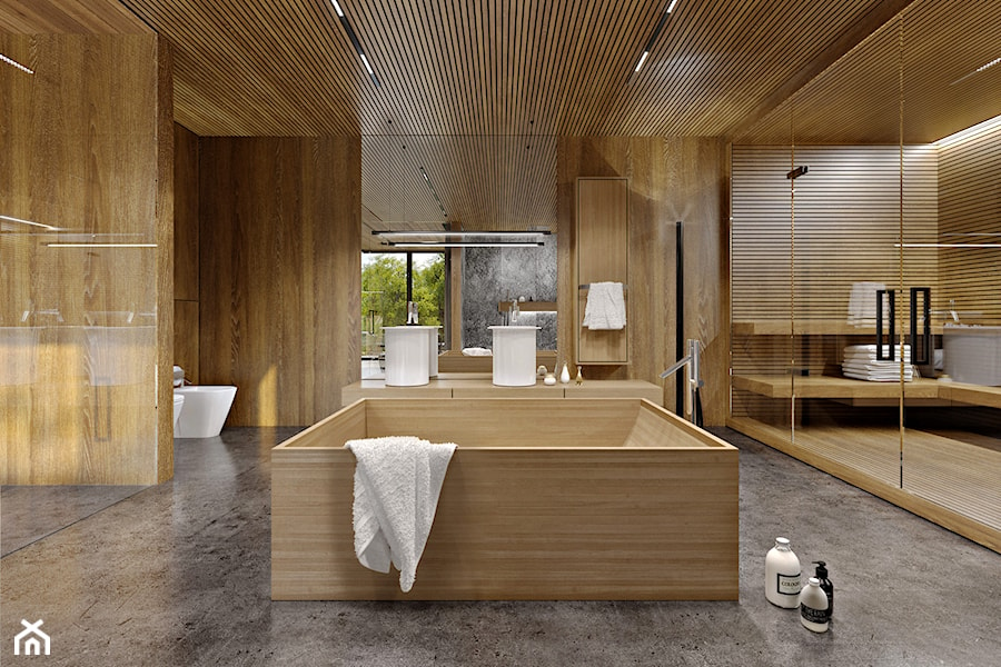 Dom dębem otulony - Duża na poddaszu z dwoma umywalkami z marmurową podłogą łazienka z oknem, styl nowoczesny - zdjęcie od KANDO ARCHITECTS
