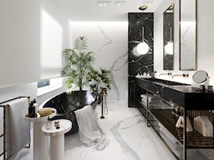 Willa Babice - Średnia z lustrem z dwoma umywalkami z marmurową podłogą z punktowym oświetleniem łazienka z oknem, styl nowoczesny - zdjęcie od KANDO ARCHITECTS