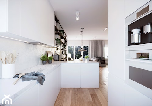 Willa Babice - Średnia otwarta z salonem biała z zabudowaną lodówką kuchnia w kształcie litery g z oknem, styl minimalistyczny - zdjęcie od KANDO ARCHITECTS