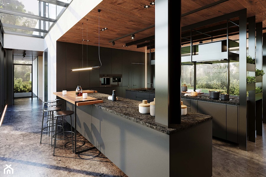 Dom Wielozadaniowy - Duża otwarta z salonem z zabudowaną lodówką z podblatowym zlewozmywakiem kuchnia w kształcie litery u z oknem, styl minimalistyczny - zdjęcie od KANDO ARCHITECTS