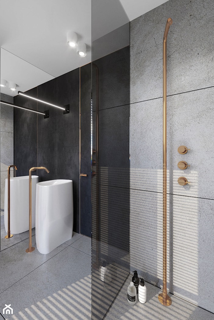 Apartament Cuprum - Mała na poddaszu bez okna z dwoma umywalkami łazienka, styl nowoczesny - zdjęcie od KANDO ARCHITECTS - Homebook