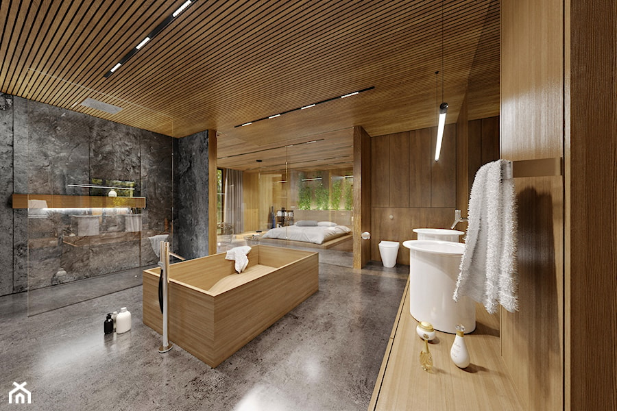 Dom dębem otulony - Duża na poddaszu bez okna z dwoma umywalkami łazienka, styl nowoczesny - zdjęcie od KANDO ARCHITECTS