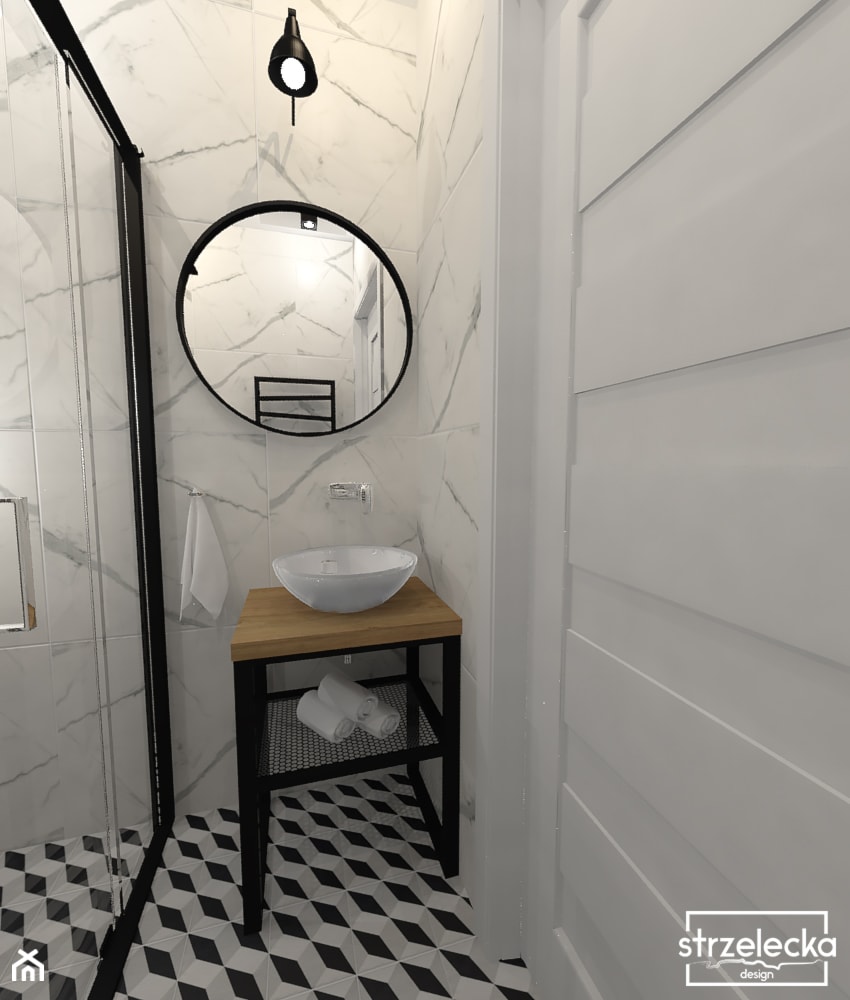 Toaleta - mała jak chusteczka - Mała bez okna z lustrem z punktowym oświetleniem łazienka, styl glamour - zdjęcie od Strzelecka Design - Homebook