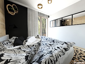 Sypialnia z garderobą - dom w lesie - Mała biała czarna sypialnia, styl skandynawski - zdjęcie od Strzelecka Design