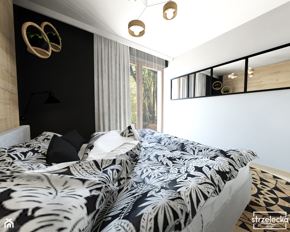 Sypialnia z garderobą - dom w lesie - Mała biała czarna sypialnia, styl skandynawski - zdjęcie od Strzelecka Design - Homebook