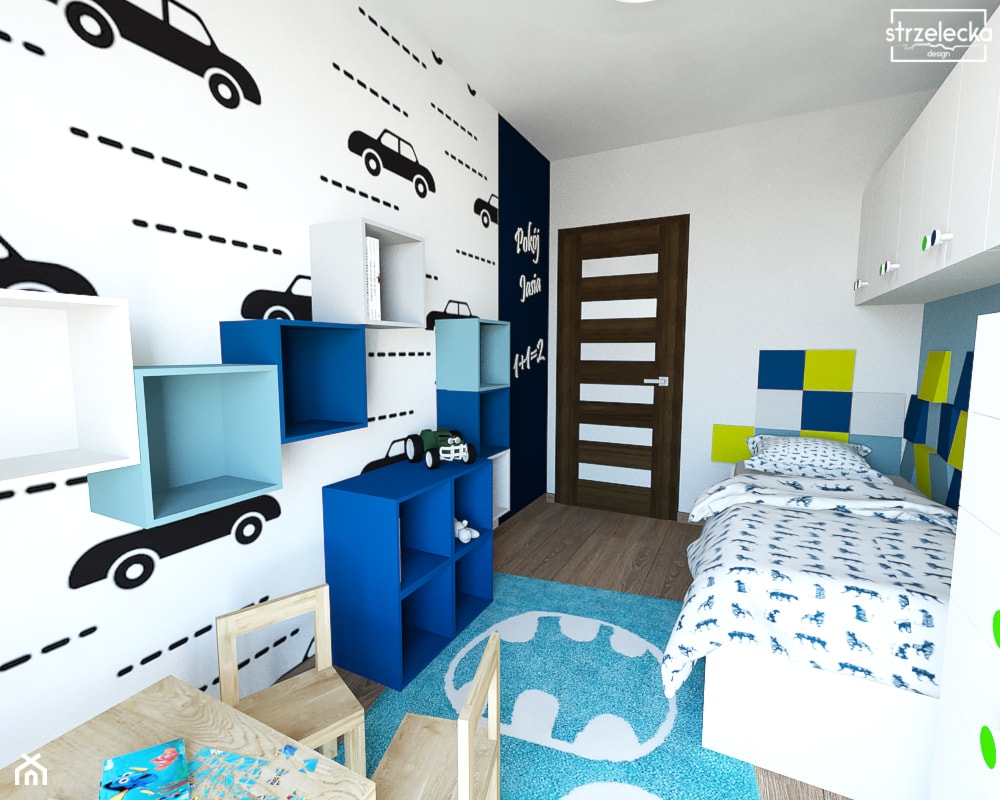 Pokój miłośnika aut, wariant 1 - Mały biały niebieski pokój dziecka dla dziecka dla chłopca, styl nowoczesny - zdjęcie od Strzelecka Design - Homebook