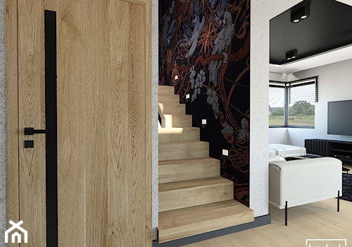 Parter domu w industrialno-loftowym wykończeniu - Schody drewniane, styl industrialny - zdjęcie od Strzelecka Design