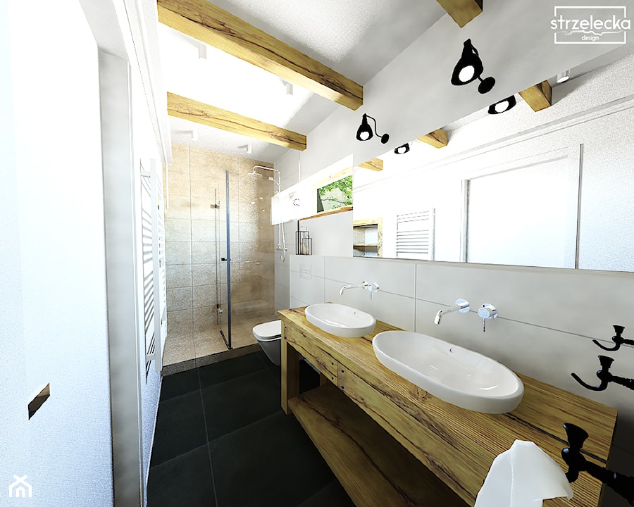 Łazienka w stylu Modern Farmhouse - Średnia z lustrem z dwoma umywalkami z punktowym oświetleniem łazienka z oknem, styl vintage - zdjęcie od Strzelecka Design