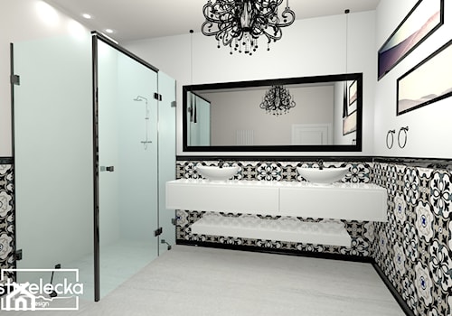 łazienka w stylu glamour - Średnia bez okna z lustrem z dwoma umywalkami z punktowym oświetleniem łazienka, styl glamour - zdjęcie od Strzelecka Design