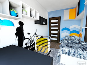 Pokój miłośnika wycieczek rowerowych - Średni biały niebieski pokój dziecka dla nastolatka dla chłopca dla dziewczynki, styl nowoczesny - zdjęcie od Strzelecka Design