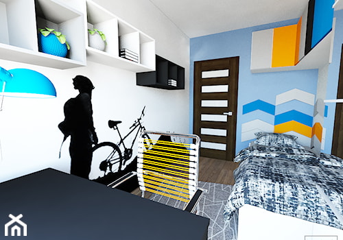 Pokój miłośnika wycieczek rowerowych - Średni biały niebieski pokój dziecka dla nastolatka dla chłopca dla dziewczynki, styl nowoczesny - zdjęcie od Strzelecka Design