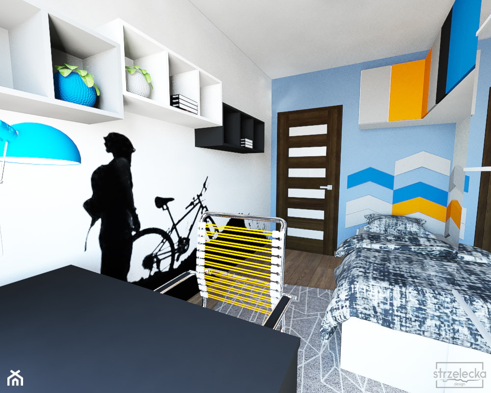 Pokój miłośnika wycieczek rowerowych - Średni biały niebieski pokój dziecka dla nastolatka dla chłopca dla dziewczynki, styl nowoczesny - zdjęcie od Strzelecka Design - Homebook