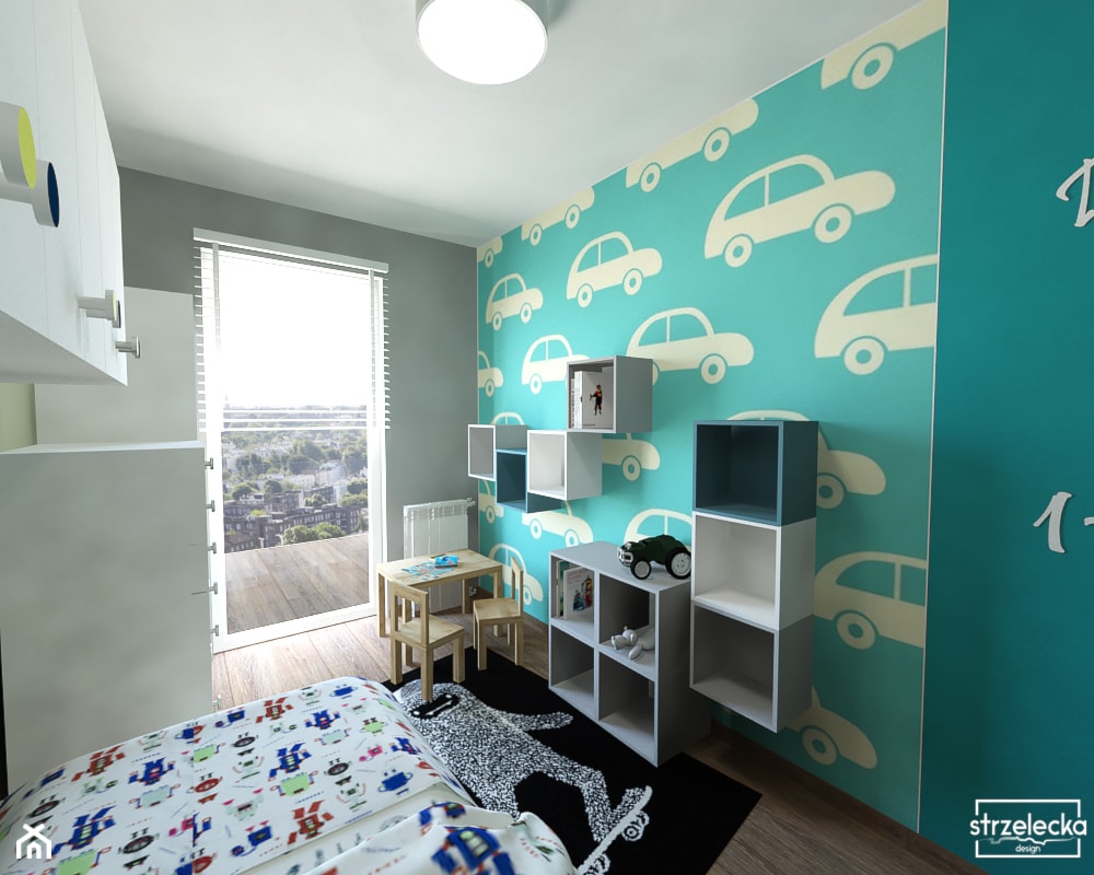 Pokój miłośnika aut, wariant 2 - Średni szary niebieski pokój dziecka dla dziecka dla chłopca dla dziewczynki, styl nowoczesny - zdjęcie od Strzelecka Design - Homebook