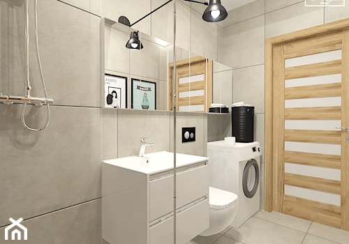 Łazienka w neutralnym wykończeniu - Mała bez okna z pralką / suszarką z lustrem łazienka, styl nowoczesny - zdjęcie od Strzelecka Design
