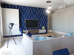 Salon z aneksem kuchennym - nowoczesna elegancja - Średni niebieski szary salon, styl nowoczesny - zdjęcie od Strzelecka Design