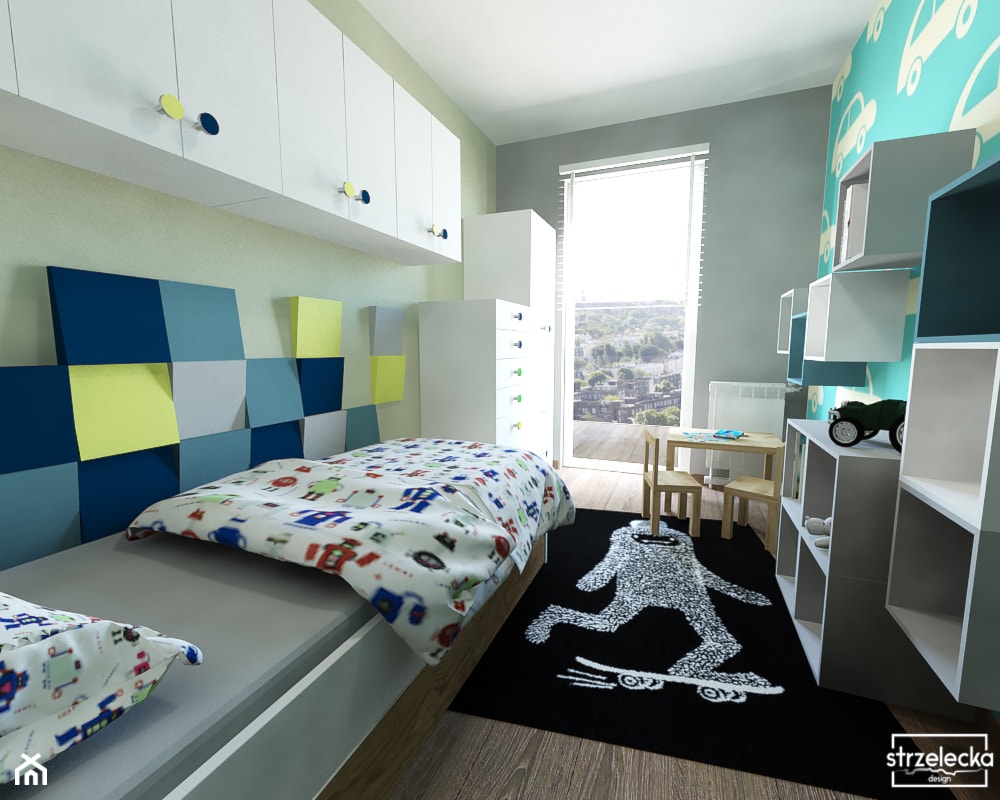 Pokój miłośnika aut, wariant 2 - Mały szary zielony z panelami tapicerowanymi pokój dziecka dla dziecka dla chłopca, styl nowoczesny - zdjęcie od Strzelecka Design - Homebook