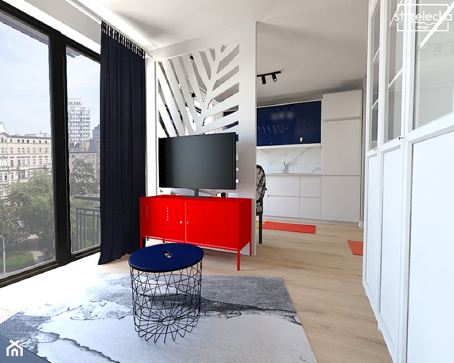 Mieszkanie na wynajem z widokiem na wrocławski Manhattan - Średni biały salon z kuchnią z jadalnią, styl nowoczesny - zdjęcie od Strzelecka Design