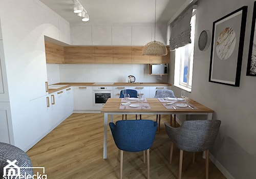 Salon z kuchnią z grantowymi dodatkami - Średnia biała szara jadalnia w salonie w kuchni, styl nowo ... - zdjęcie od Strzelecka Design
