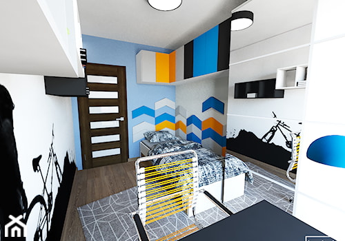 Pokój miłośnika wycieczek rowerowych - Mały szary niebieski pokój dziecka dla dziecka dla nastolatka dla chłopca dla dziewczynki, styl nowoczesny - zdjęcie od Strzelecka Design