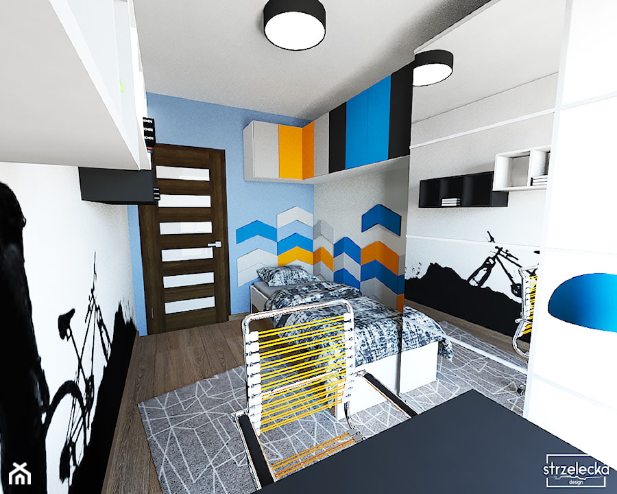 Pokój miłośnika wycieczek rowerowych - Mały szary niebieski pokój dziecka dla dziecka dla nastolatka dla chłopca dla dziewczynki, styl nowoczesny - zdjęcie od Strzelecka Design