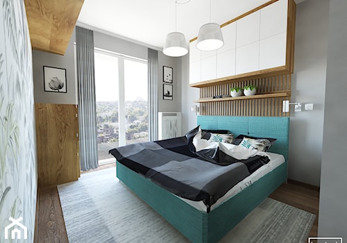 Sypialnia z motywem roślinnym - Średnia szara sypialnia z balkonem / tarasem, styl nowoczesny - zdjęcie od Strzelecka Design