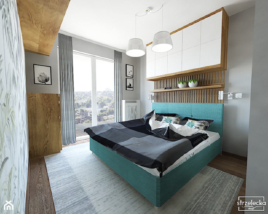 Sypialnia z motywem roślinnym - Średnia szara sypialnia z balkonem / tarasem, styl nowoczesny - zdjęcie od Strzelecka Design