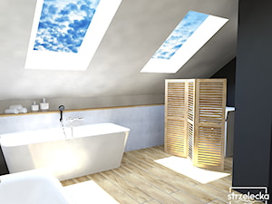 Łazienka na poddaszu - Duża na poddaszu łazienka z oknem, styl nowoczesny - zdjęcie od Strzelecka Design