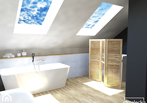 Łazienka na poddaszu - Duża na poddaszu łazienka z oknem, styl nowoczesny - zdjęcie od Strzelecka Design