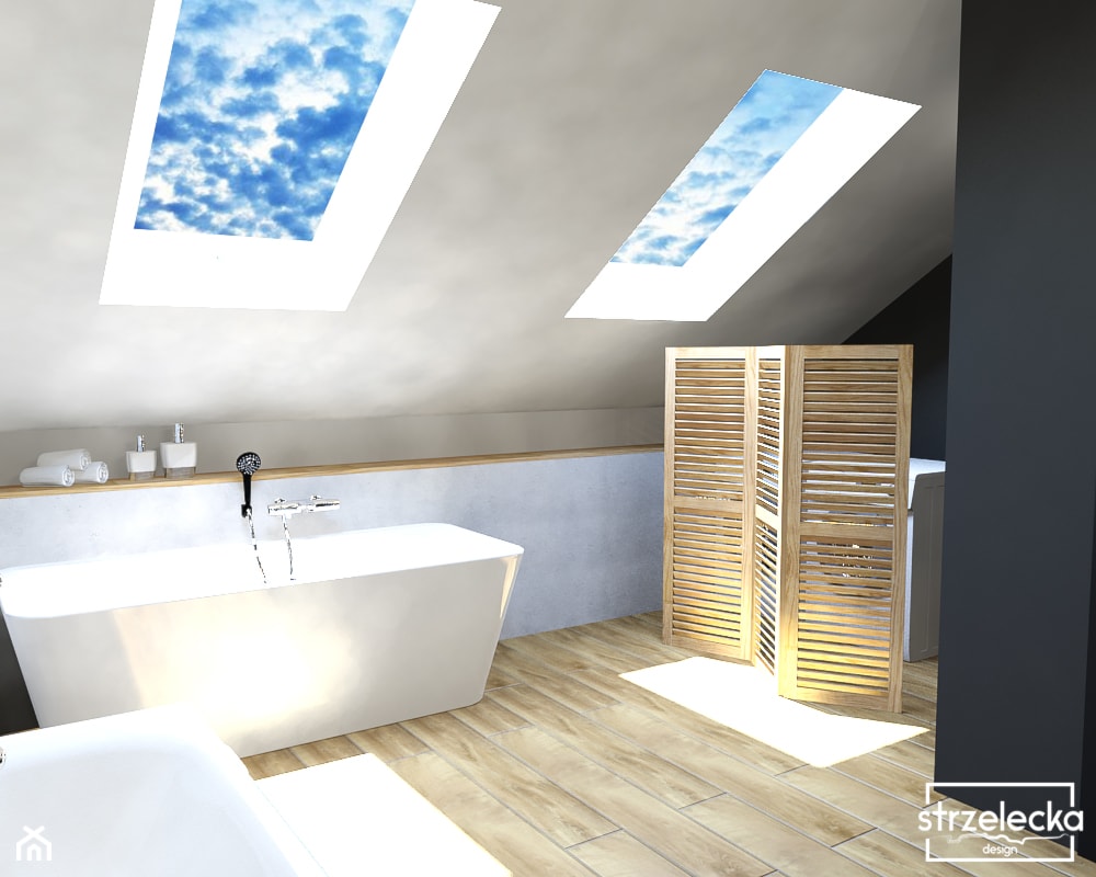 Łazienka na poddaszu - Duża na poddaszu łazienka z oknem, styl nowoczesny - zdjęcie od Strzelecka Design - Homebook
